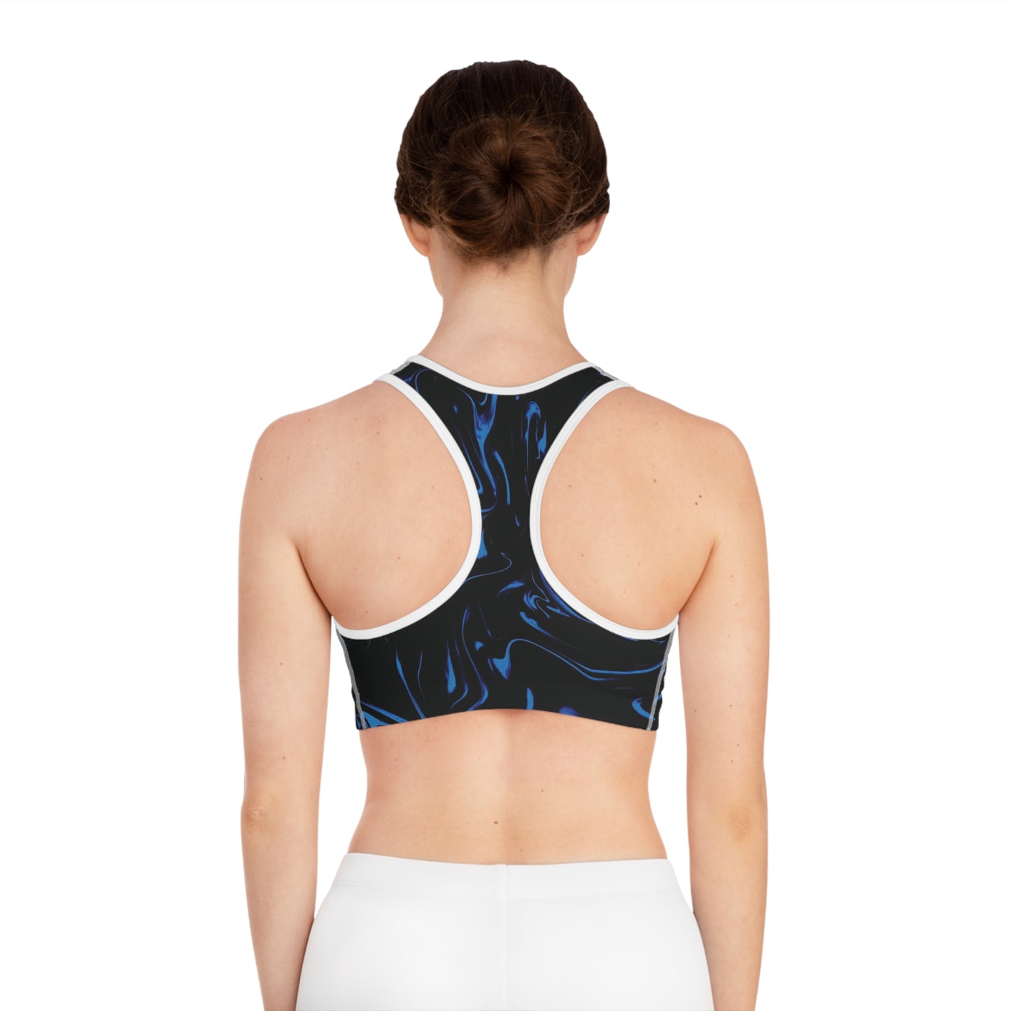 Stylish Sports Bra (AOP) | Sleek Activewear for Workouts, Yoga, and Athleisure, Gift for Fitness Enthusiasts, Black & Blue Design