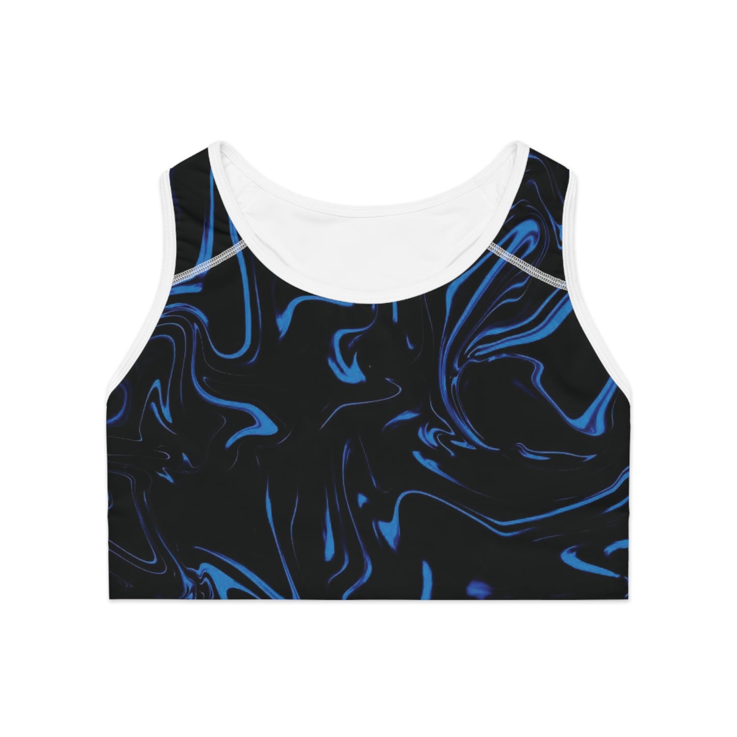 Stylish Sports Bra (AOP) | Sleek Activewear for Workouts, Yoga, and Athleisure, Gift for Fitness Enthusiasts, Black & Blue Design