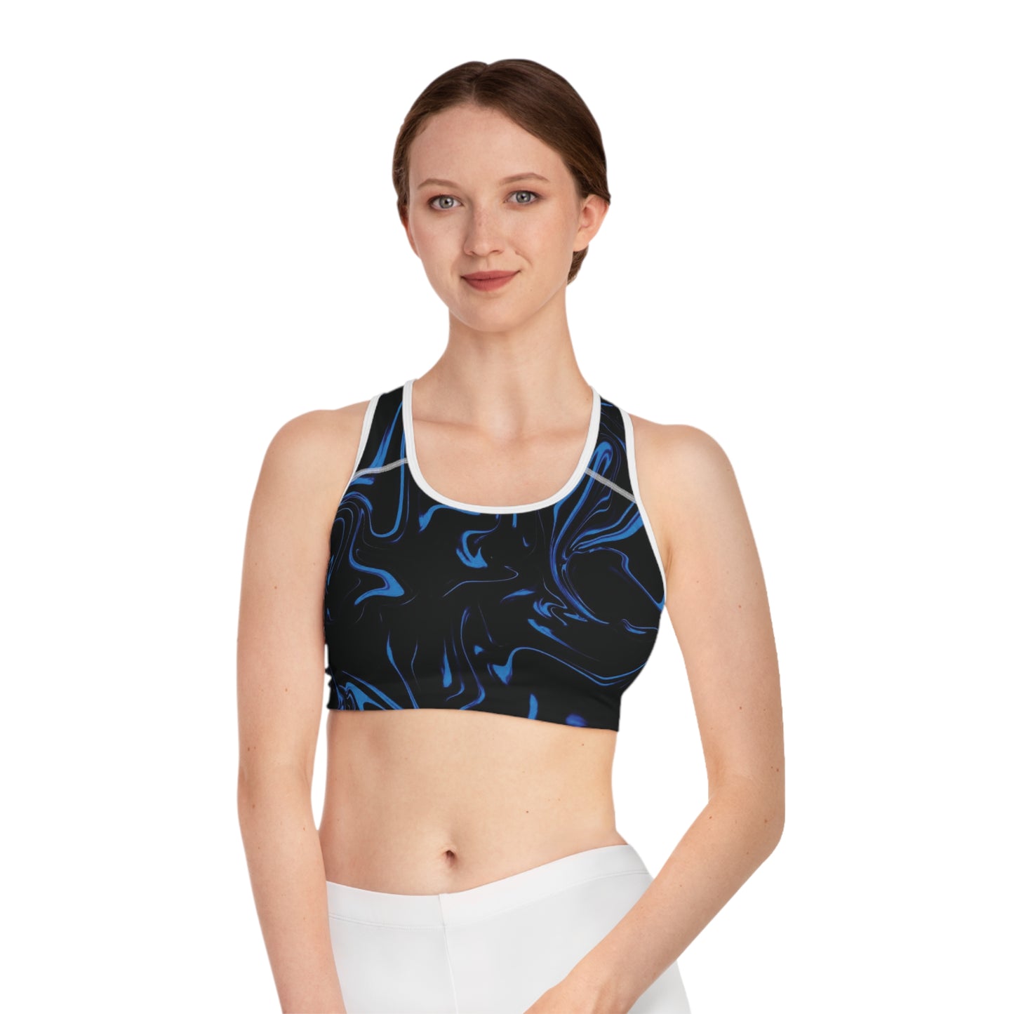 Stylish Sports Bra (AOP) | Sleek Activewear for Workouts, Yoga, and Athleisure, Gift for Fitness Enthusiasts, Black & Blue Design